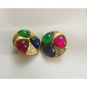 VGT Gripoix Glass Sapphire Emerald Ruby Cabochon Stone Gold Tone Hoop Earrings
